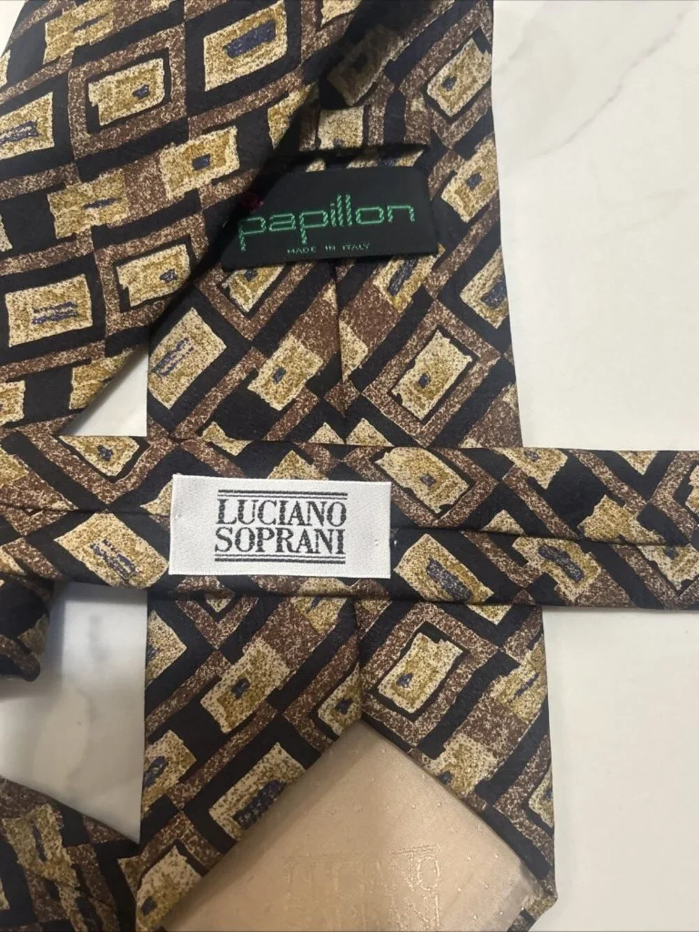Vintage Papillon Luciano Soprani Italy Silk Tie Geometric Brown Blue Necktie